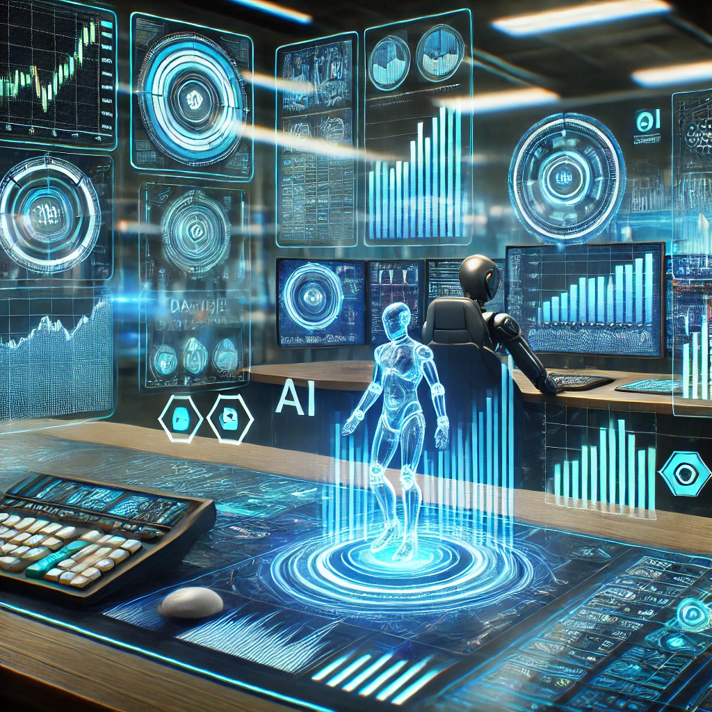 DALL·E 2025-03-09 17.30.55 - A futuristic digital stock market analysis scene. A high-tech trading desk with multiple holographic screens displaying stock charts, AI-driven data a