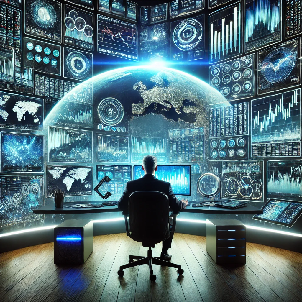 DALL·E 2025-03-09 17.48.54 - A futuristic stock market analyst sitting in front of multiple computer and TV screens displaying live stock charts, data analytics, and financial gra